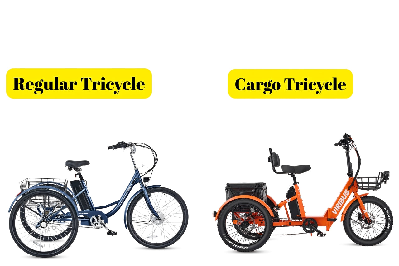 a side by side photo of a regular tricycle and a cargo tricycle