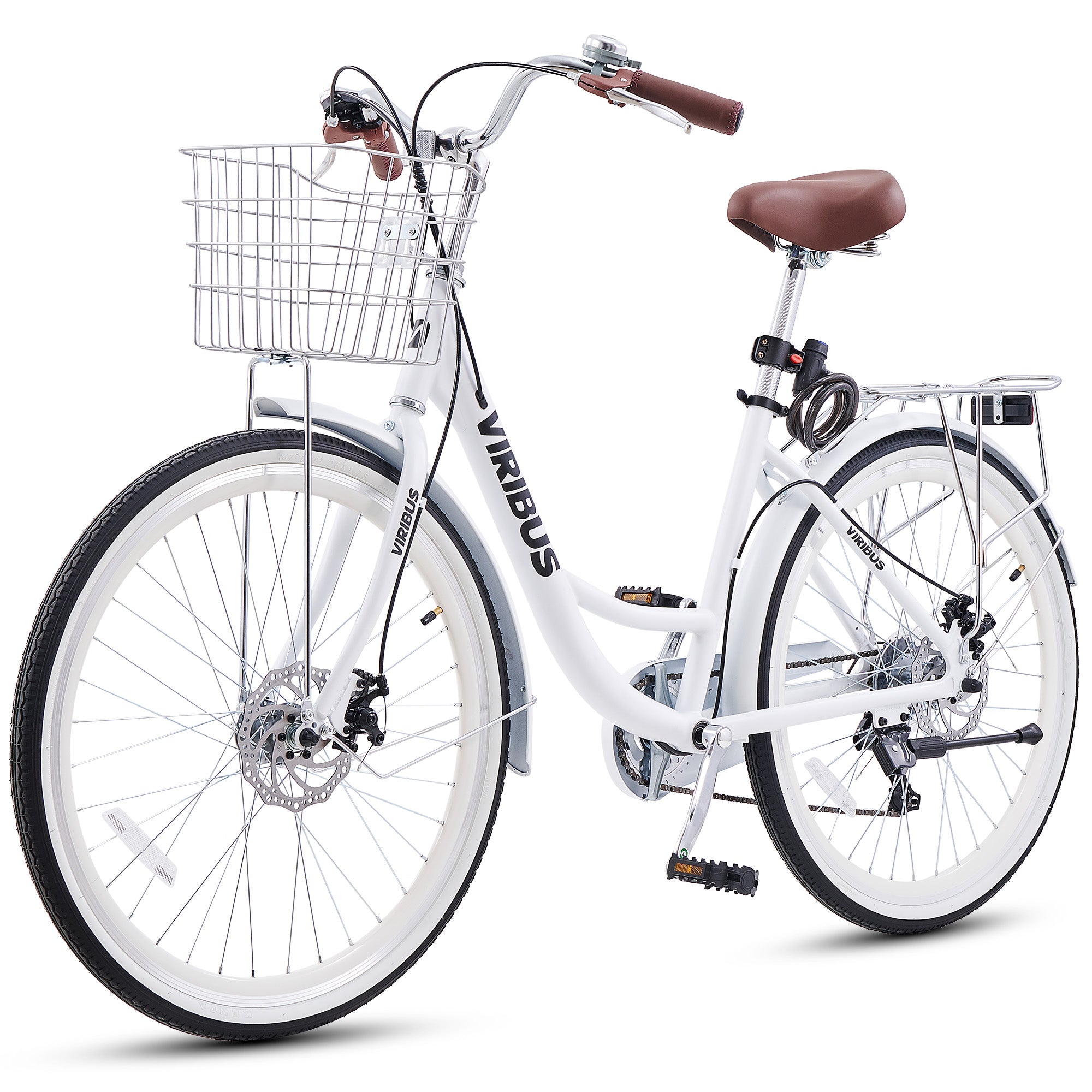 White bicycle with a basket on a white background