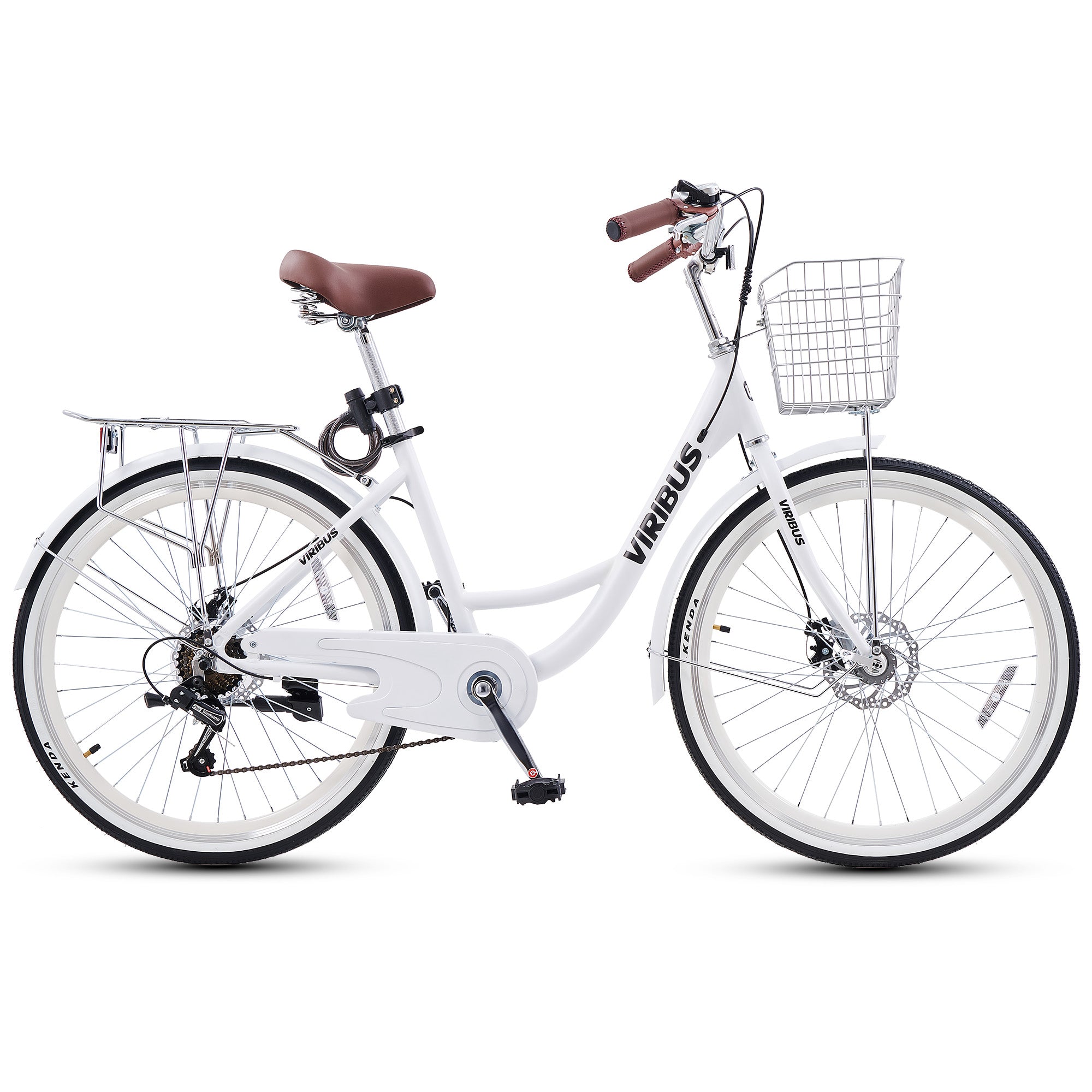 White bicycle with a basket on a white background