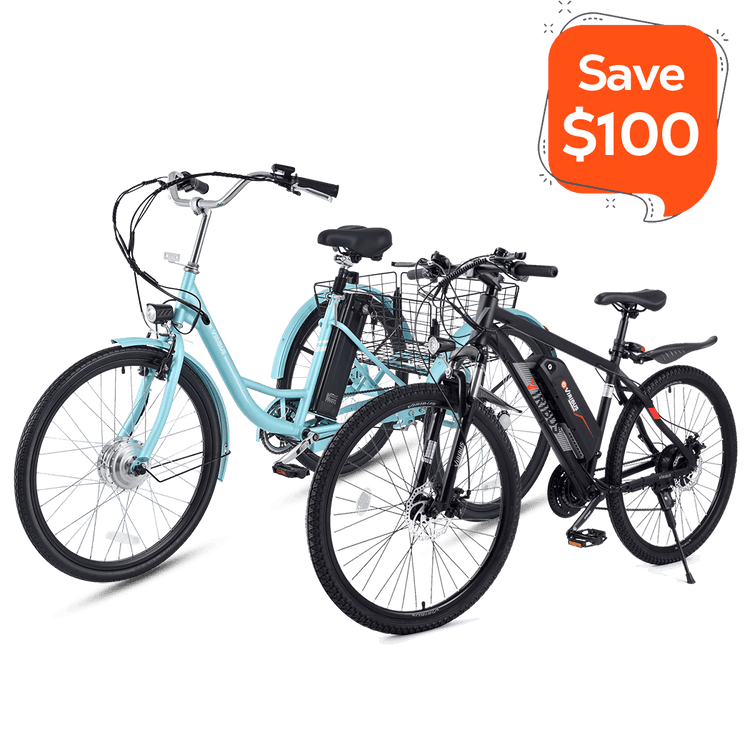 An image showing two electric bicycles, one is a 26" TG1 Electric Tricycle in cyan color, and the other is a Panther Electric Mountain Bike in black color. There is a promotional save $100 sticker on the top right corner.