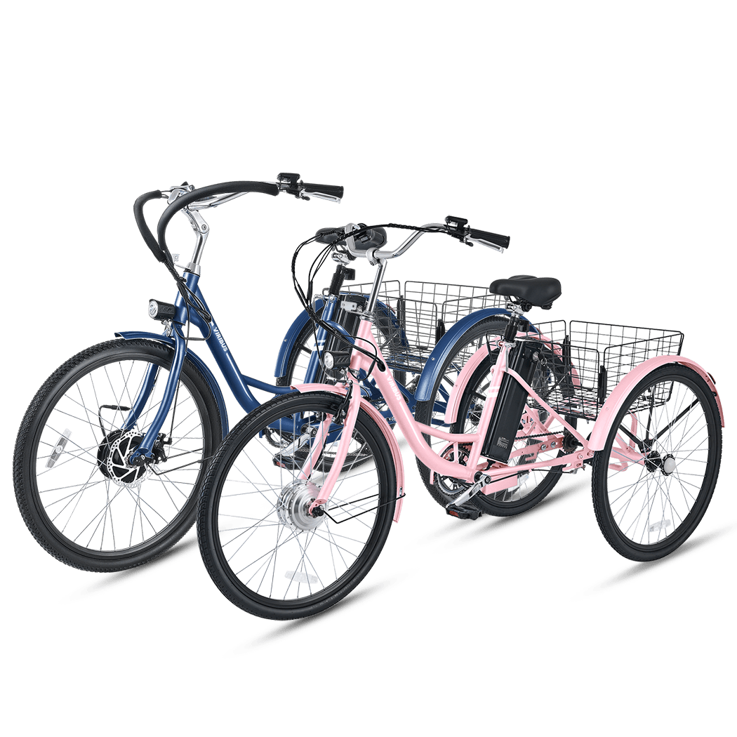 An image showing two electric bicycles, one is a Electric Tricycle in blue color, and the other is a a Electric Tricycle in pink color.