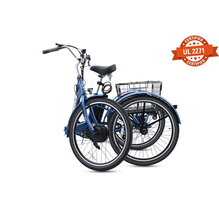Blue folding tricycle with a UL 2271 certification badge on a transparent background