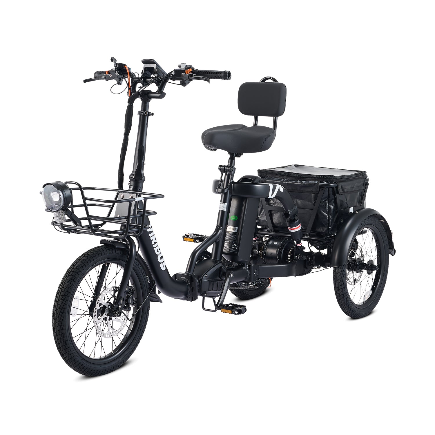 Black electric tricycle with a basket and seat on a white background