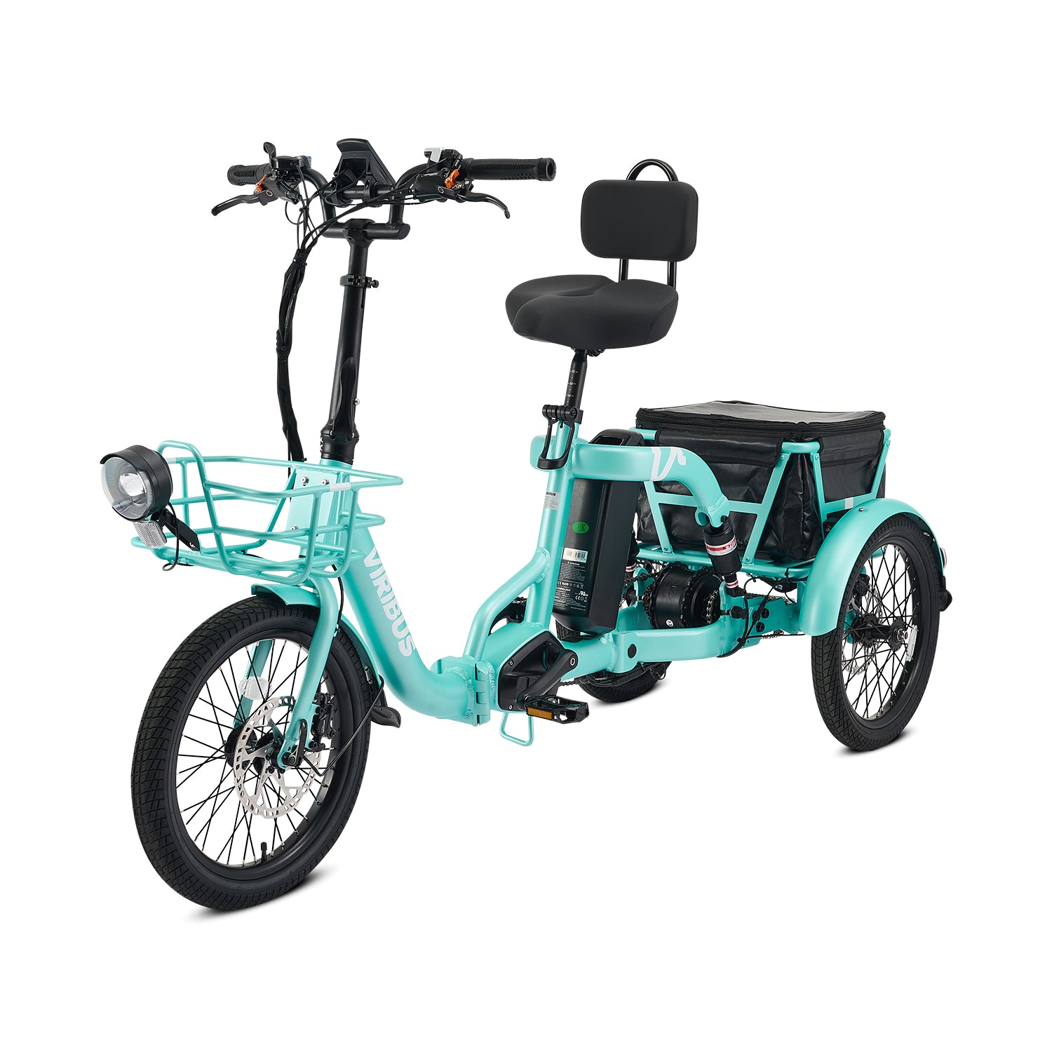 Turquoise electric tricycle with a black seat and basket on a white background