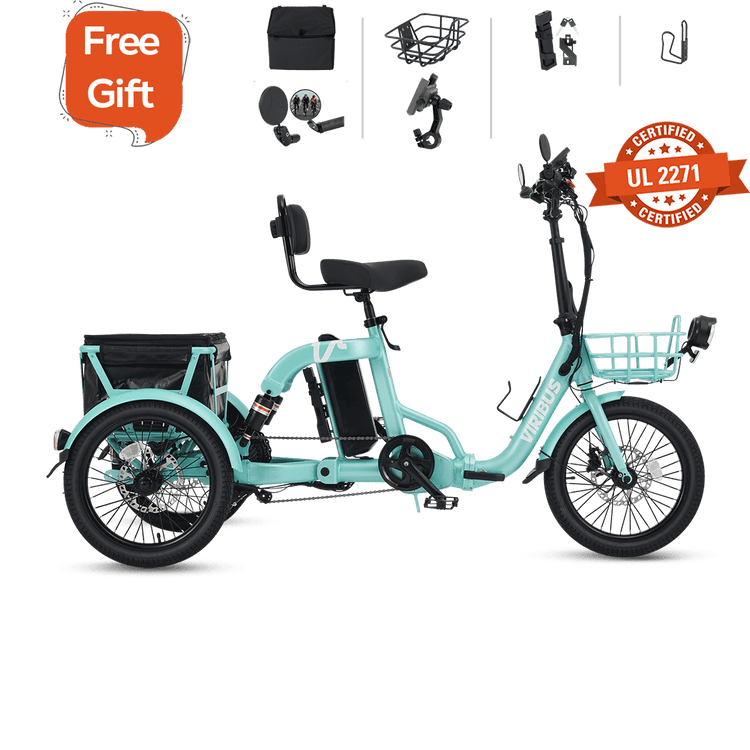 Turquoise cargo bike with accessories on a black background, featuring 'Free Gift' and 'UL 2271 Certified' logos.