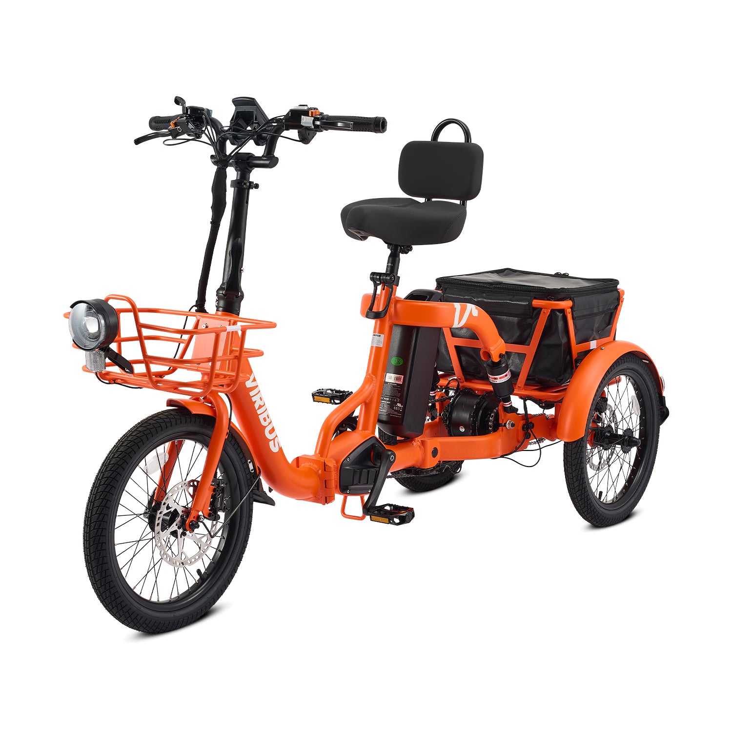 Orange electric tricycle with a basket and seat on a white background