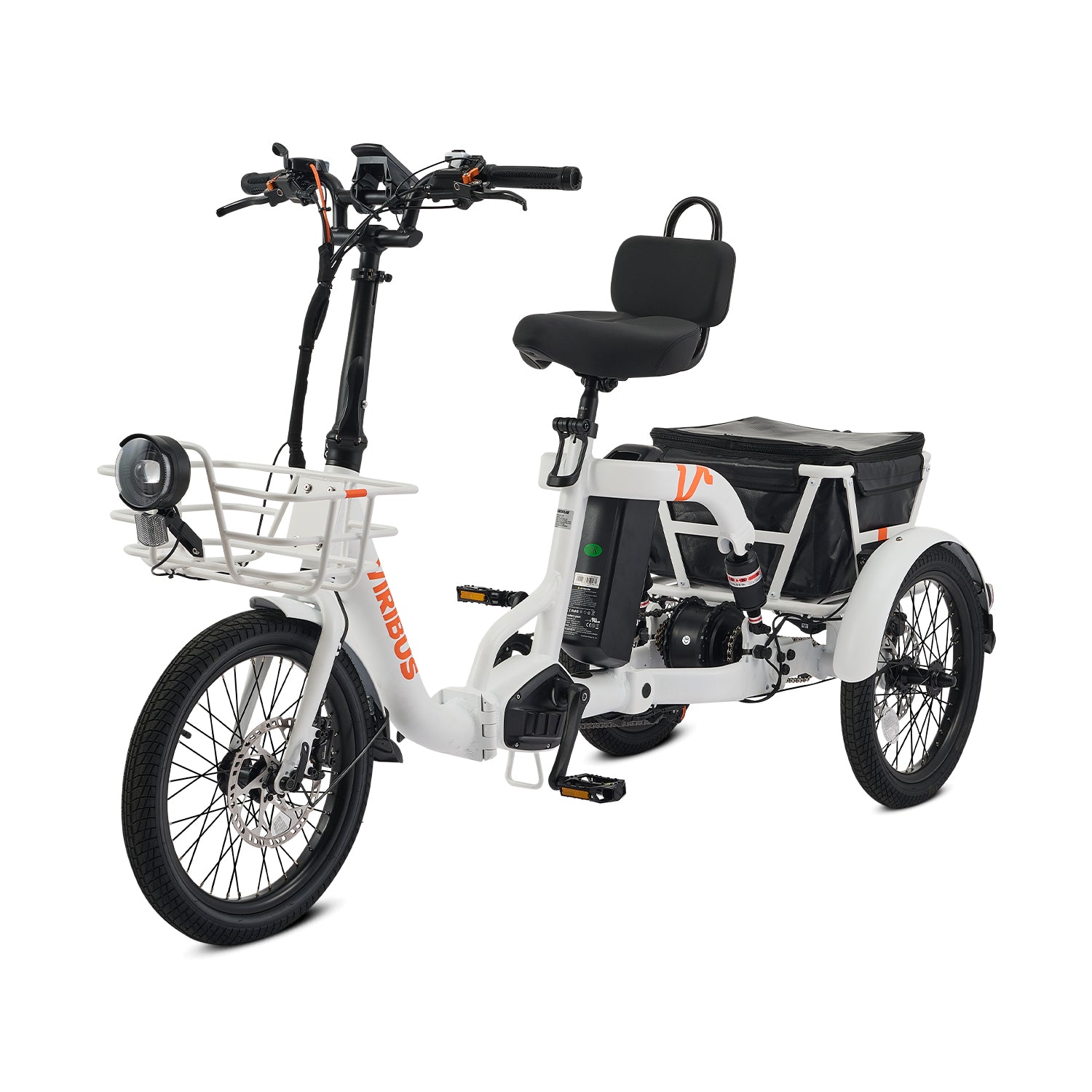 White electric tricycle with a black seat and basket on a white background