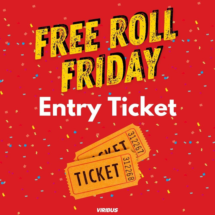Promotional image for Free Roll Friday Entry Ticket featuring a red background with text and a graphic of a ticket.