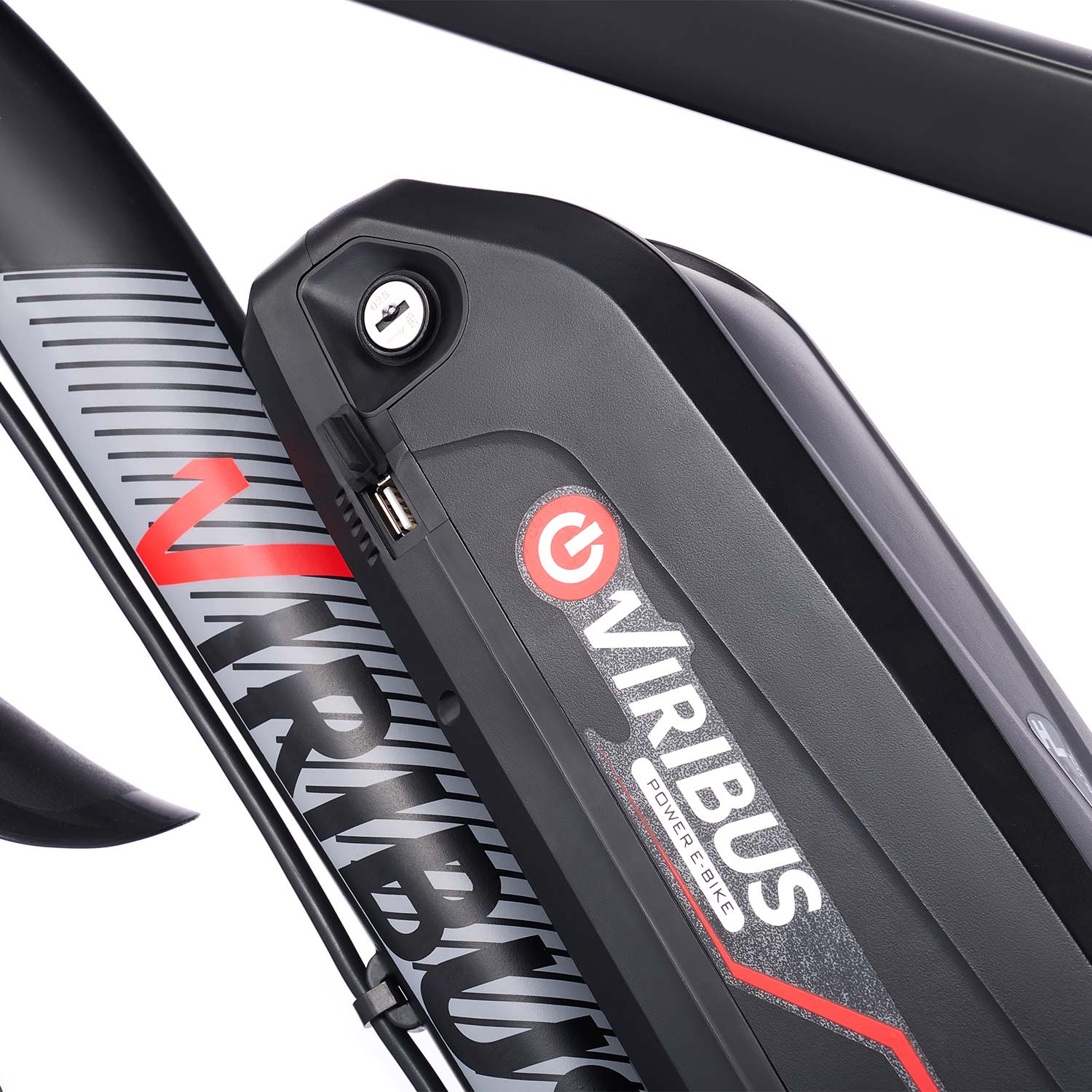 The black bicycle battery features the brand's logo“Viribus” and comes with a keyring for convenient use.