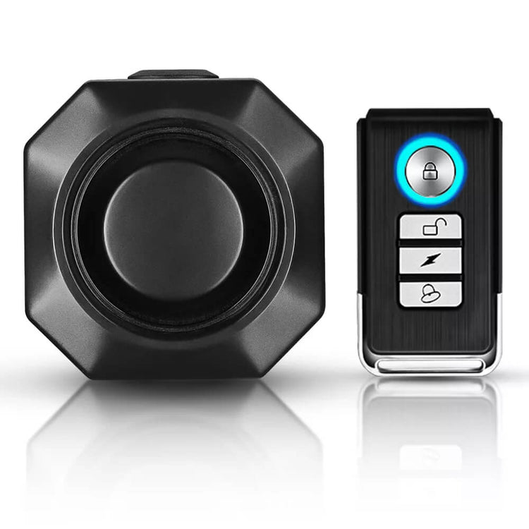 Anti-theft vibration alarm device with a black remote control featuring buttons and a blue LED light