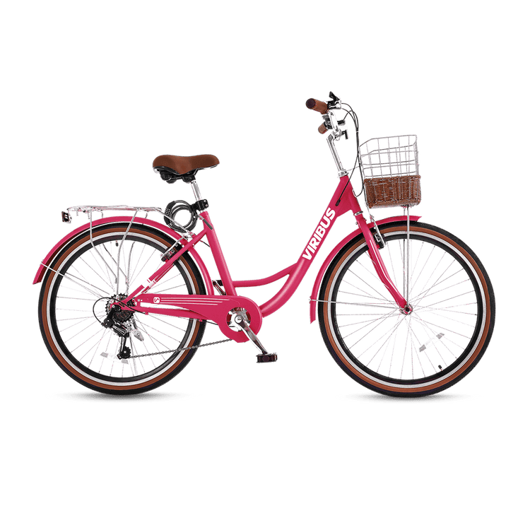 Pink bicycle with a basket on a black background