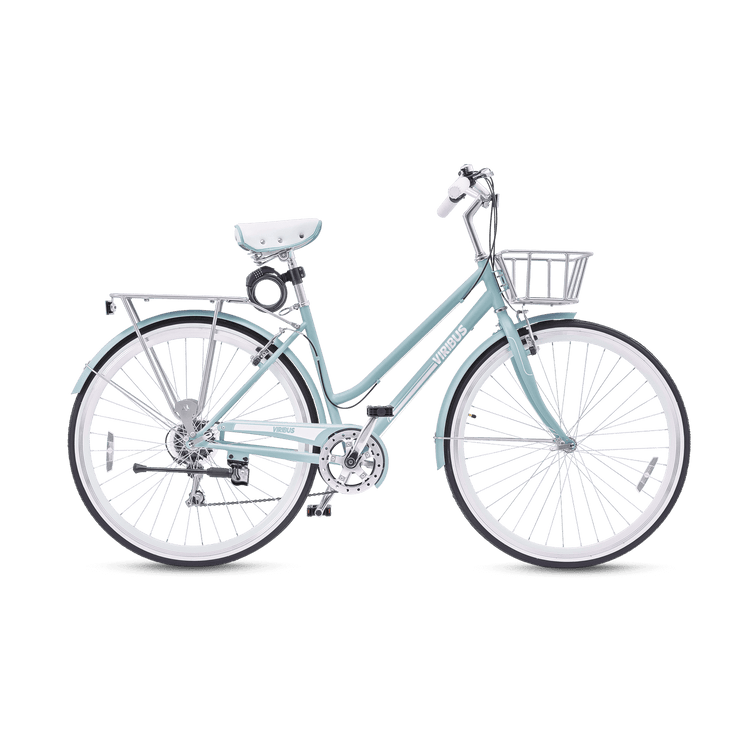 A blue Viribus bike with a front basket and a comfortable saddle