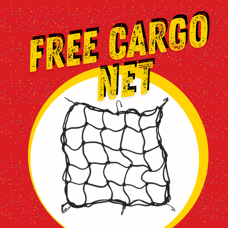 Advertisement for a free cargo net with text and a graphic of a cargo net on a red background.