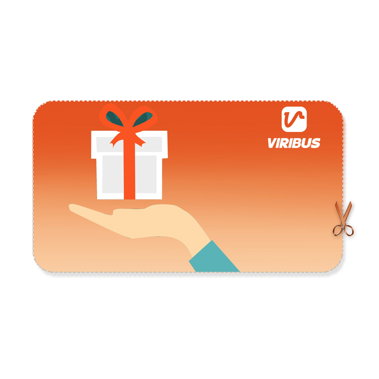 An illustration of a gift card with a hand holding a wrapped gift box, featuring the Viribus logo.