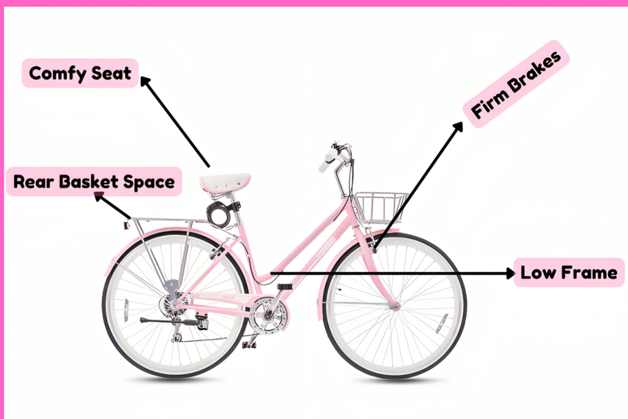 Womens bike with all the imporant features such as the brakes, low frame, front seat all labelled out