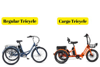 a side by side photo of a regular tricycle and a cargo tricycle