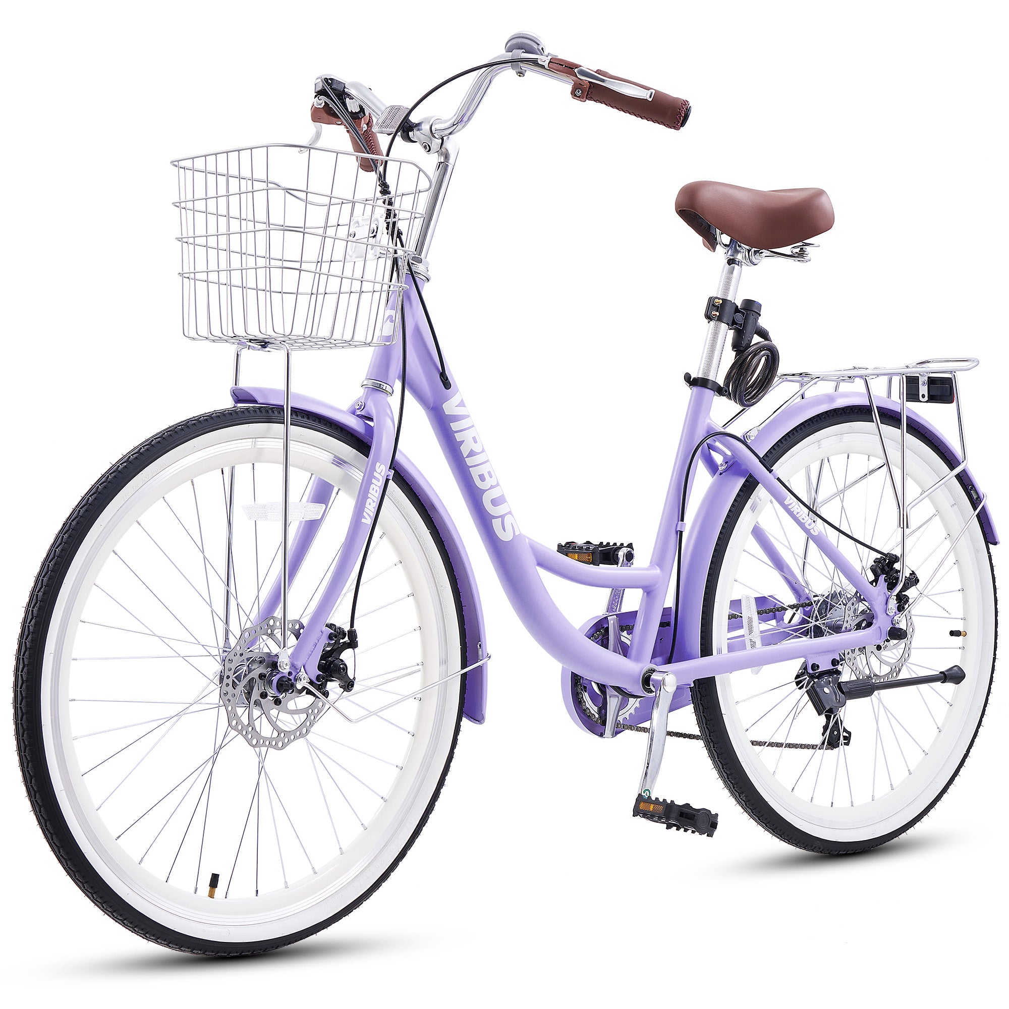 Lavender bicycle with a basket on a white background
