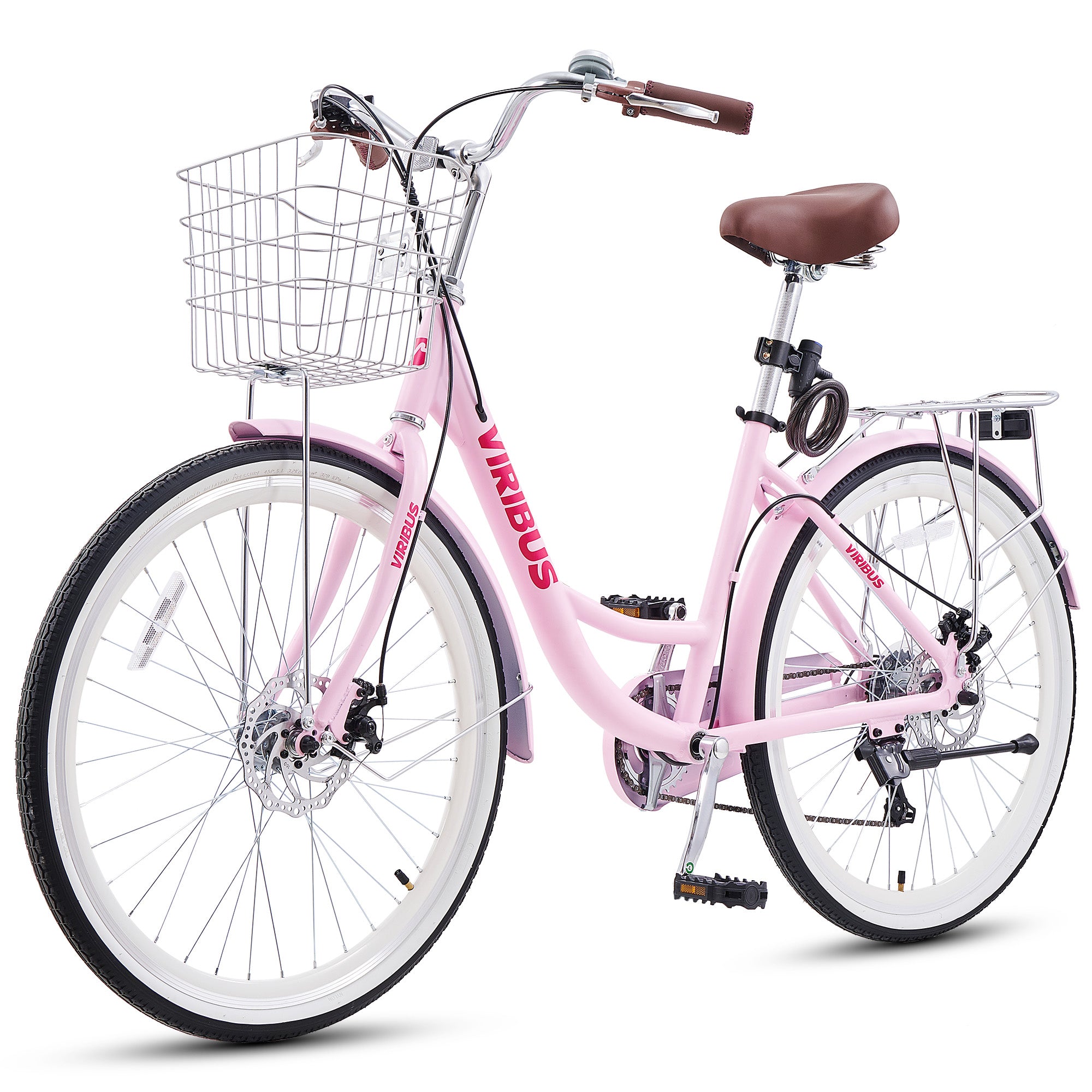 Pink bicycle with a basket on a white background
