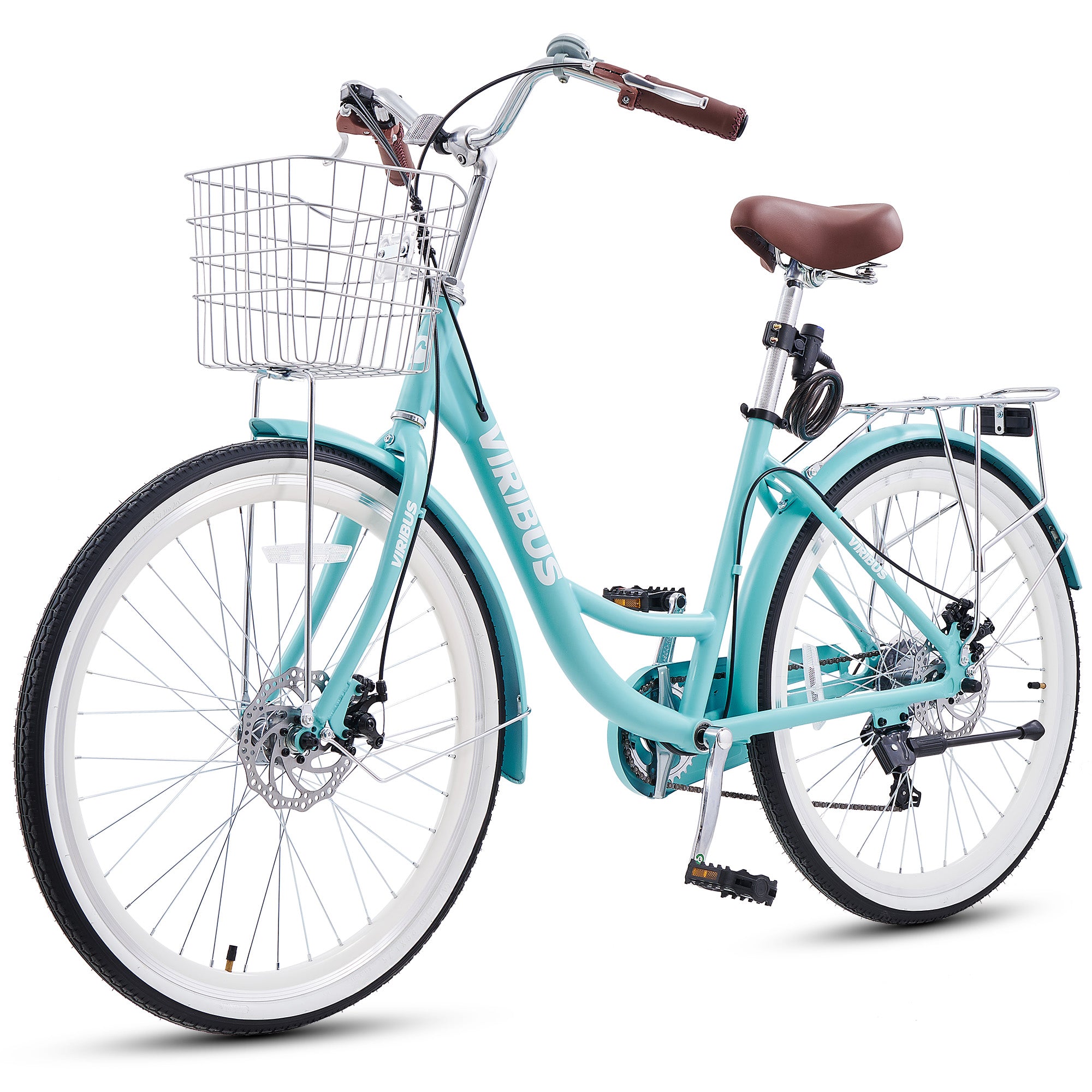 Light blue bicycle with a basket on a white background