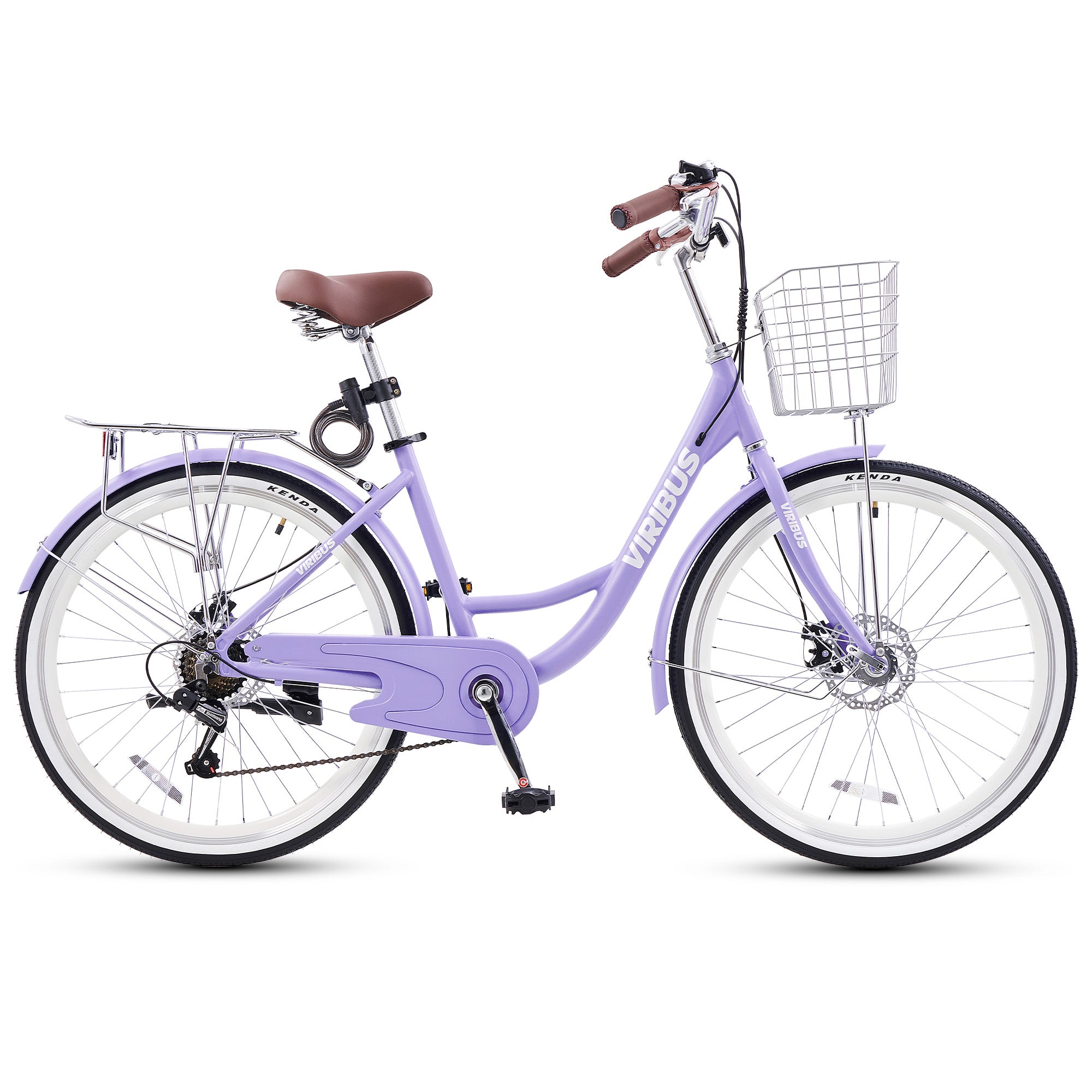 Purple bicycle with a white basket on a white background