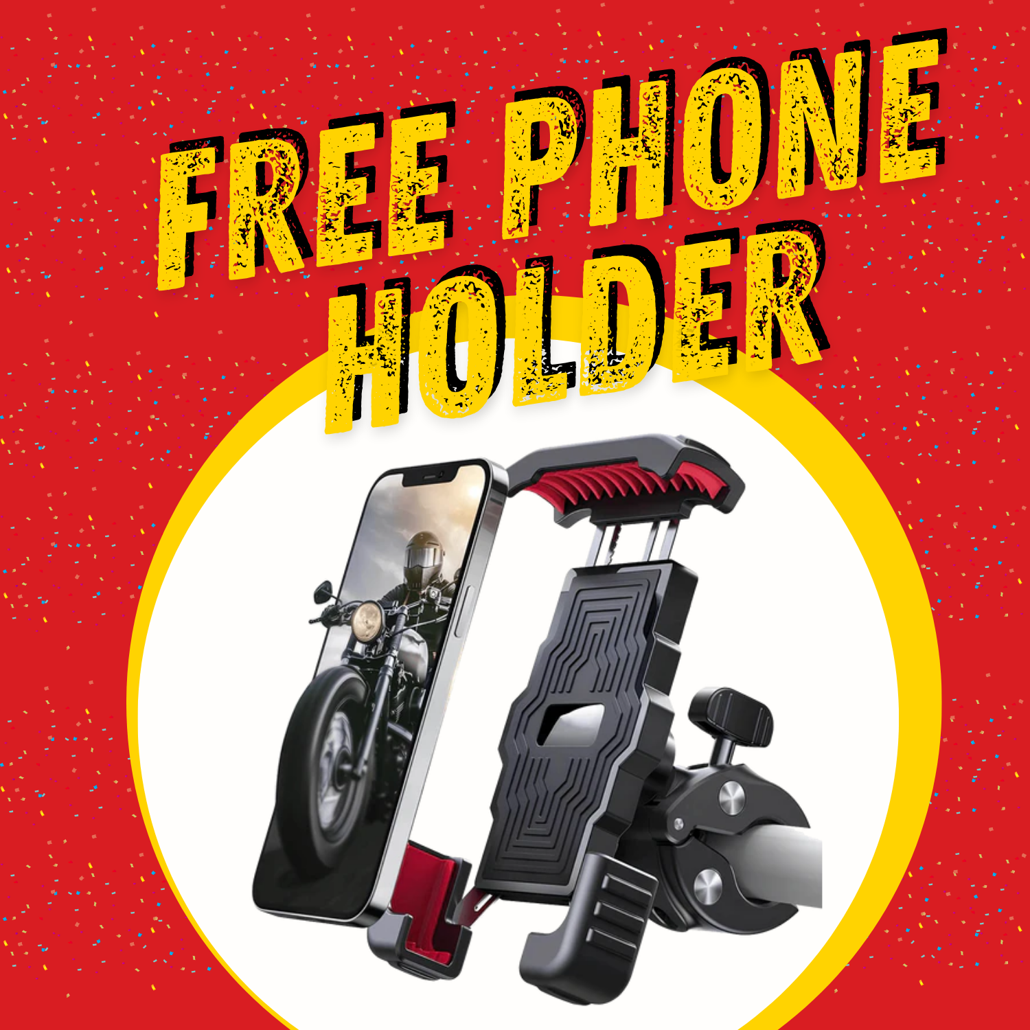 Phone holder with motorcycle design on a red background with 'Free Phone Holder' text.