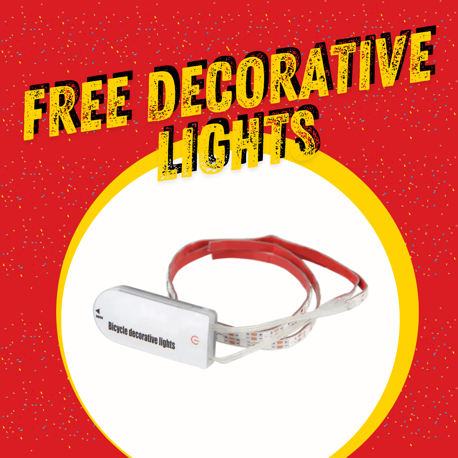 Bicycle decorative lights with 'Free Decorative Lights' text on a red background