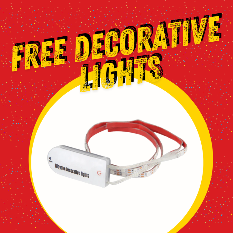 Bicycle decorative lights with 'Free Decorative Lights' text on a red background